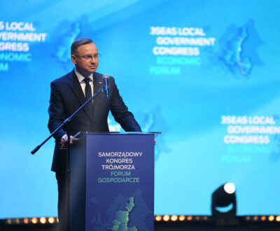 President of the Republic of Poland Andrzej Duda at the scene during the speech at the Three Seas Local Government Congress in Lublin